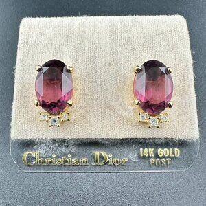 Vintage Christian Dior Earrings Amethyst Crystal Gold Plated Pierced 14k gold pt